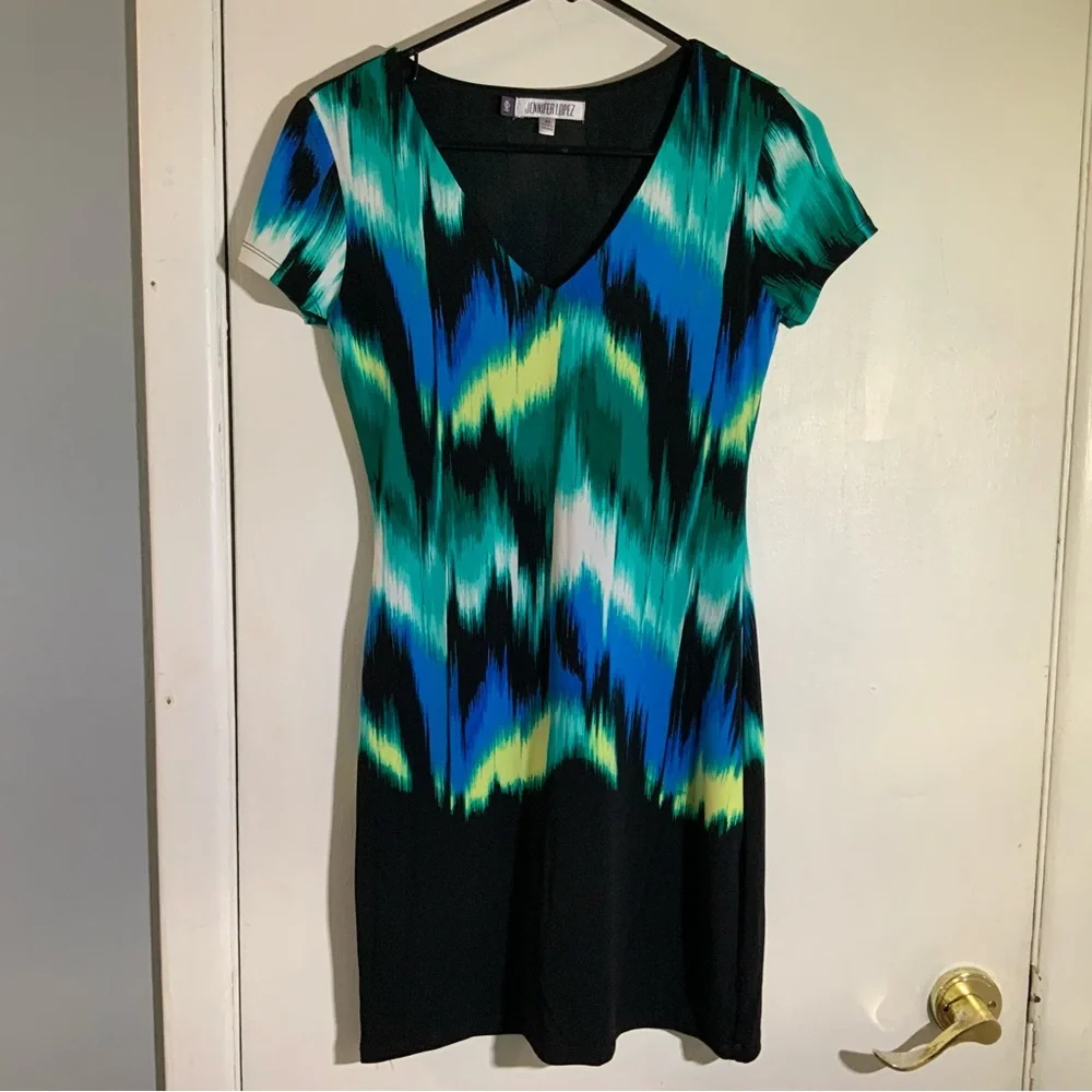 J-Lo Zig Zag Colorful Bodycon Cap Sleeve Mini Dress SZ XS - Picture 4 of 11